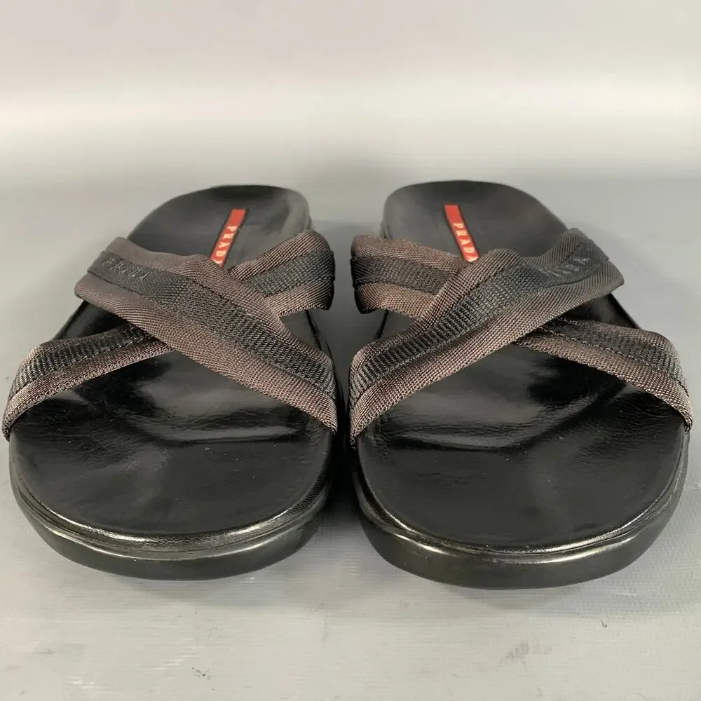 PRADA Size 10 Black Mixed Fabrics Leather Canvas Flip flops Sandals